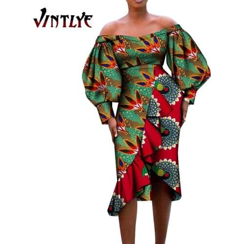 African Dresses for Women Bazin Traditional Dashiki Party Lady Clothes Sexy Halter Evening Dresses with Lantern Sleeve Wy5323