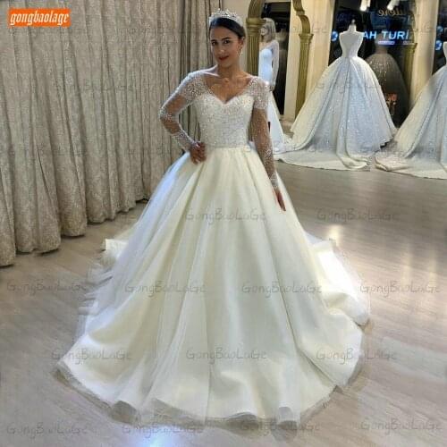 Shiny Beaded Wedding Dresses Long Sleeves Crystal 2021 Vestido Casamento Lace Up Tulle Ball Gown Bride Dress Ivory Suknie Slubne