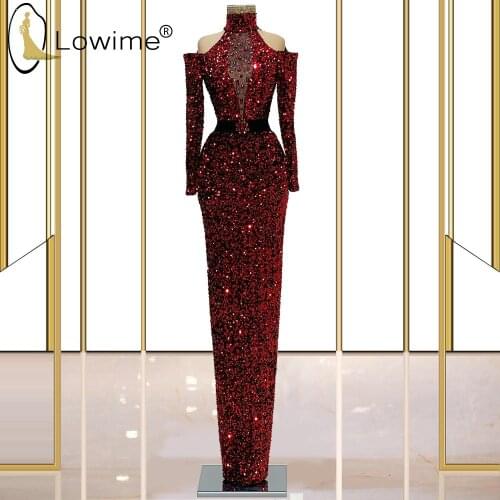 Burgundy Sparkly Sequins Long Sleeve Evening Dresses Off Shoulder High Neck Prom Party Gowns Robe Longue Soirée