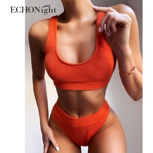 Echonight Ribbed Bikini Women Swimwear High Waist Womens Swimsuit Biquini Bathing Suit 2020 High Waist Bikini Swim Wear