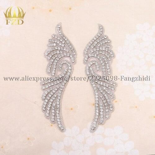 FZD 10 Pair Handmade Beaded Iron on Sew On CrystalWing Design Applique Patch for Wedding Dress Bridal Belt Headbands Garter
