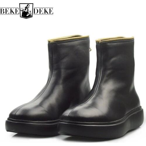 Harajuku Mens Zipper Thick Platform Shoes Cow Genuine Leather Combat Boot Military Safety Shoes Fleece Lining Ankle Boots