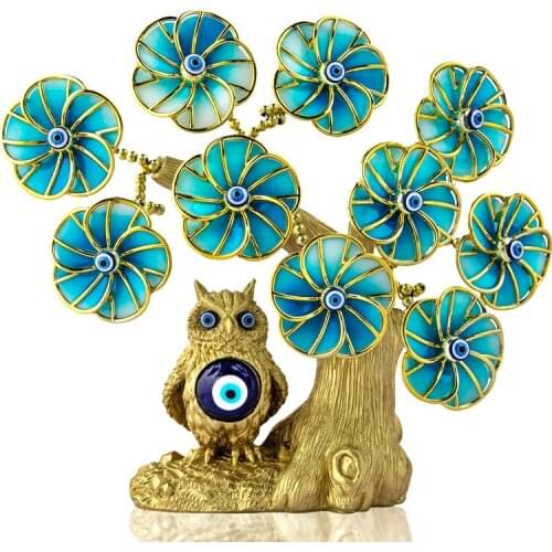 H&D Turkish Blue Evil Eye Artifical Tree with Owl Figurines for Home Office Decorations Good Luck Protection Gift Showpiece