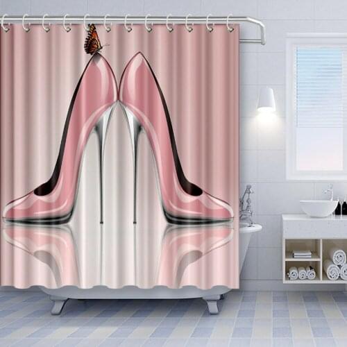 Fashion Lady Shower Curtain Pink High Heeled Waterproof Fabric Bathroom Decorations