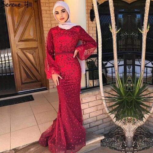Muslim Lace Long Sleeves Mermaid Evening Dresses Latest Design Wine Red Evening Gowns Long 2020 Serene Hill LA60879