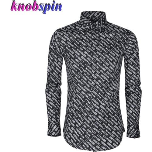 Full Letters Printed Men Shirt Slim long Sleeve clothes High quality Square collar Business male dress Shirts Camisas