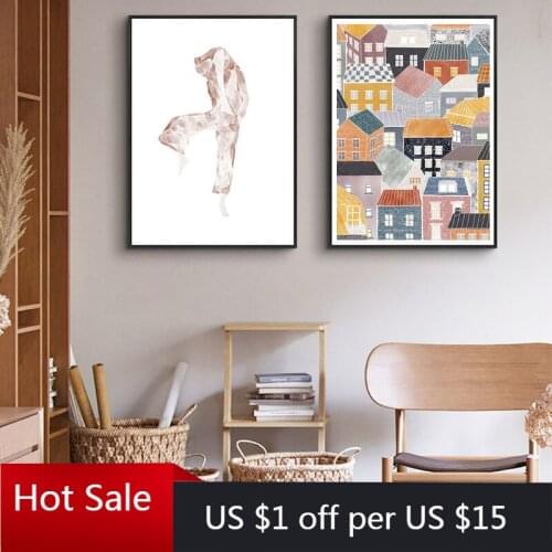 Nordic Colorful House Letter Landscape Wall Art Poster Scandinavian Style House Abstract Canvas Paingting Living Room Decor