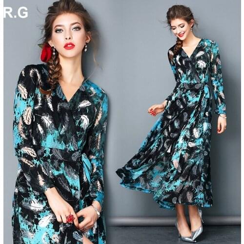 RG Long Sleeve Spring Autumn Dresses Women Sexy V Neck Maxi Dress Feather Printing Color Block Split Design vestido longo 2017