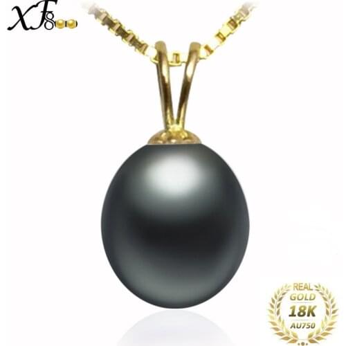 XF800 Real 18K Yellow Gold Pendant Necklace 9-10mm Black Natural Freshwater Pearl Fin Jewelry Wedding Gift For Women Girl D227
