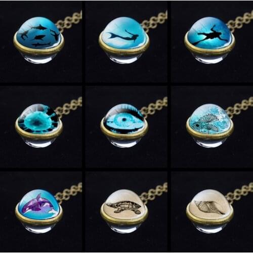 Blue Sea Charm Jewelry Marine Life Turtle Conch Mermaid Dolphin Diver Double Sided Glass Ball Necklace Gifts for Kids & Adult