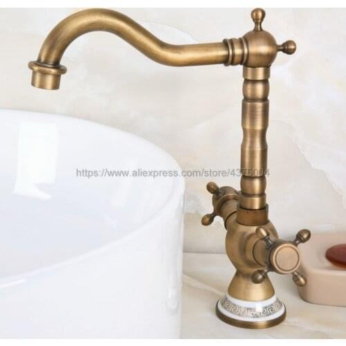 Retro Style Double Handle Kitchen Faucet Tap Antique Brass Hot and Cold Water Tap 360 Degree Rotating Nnf603