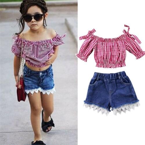 New Toddler Kids Girls Off Shoulder Tops Lace Denim Shorts Outfits Set 1-6T Fashion Summer Plaid Lovely Cute Features CH