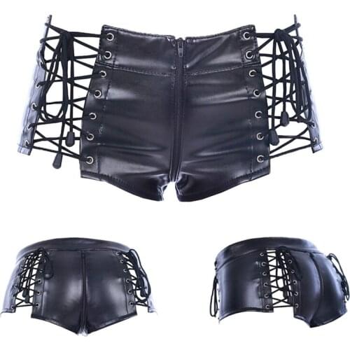 Faux Leather Underpants Sexy Female Riveted Lace Up Zipper Opening Crotch Punk Rock Shorts Night Club Disco Costume Free Size