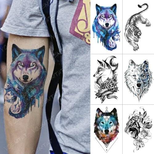 Waterproof Temporary Tattoo Sticker Fox Wolf Tiger Lion Flash Tattoos Moon Planet Body Art Arm Water Transfer Fake Tatoo Men