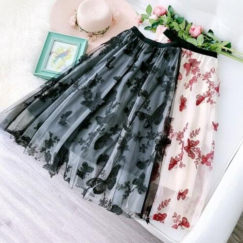 Girls Butterfly Skirt Embroidered Pleated Mesh A-line Tutu Skirts Ladies Summer Embroidery Cute Lolita Tulle Midi Skirt Elegant