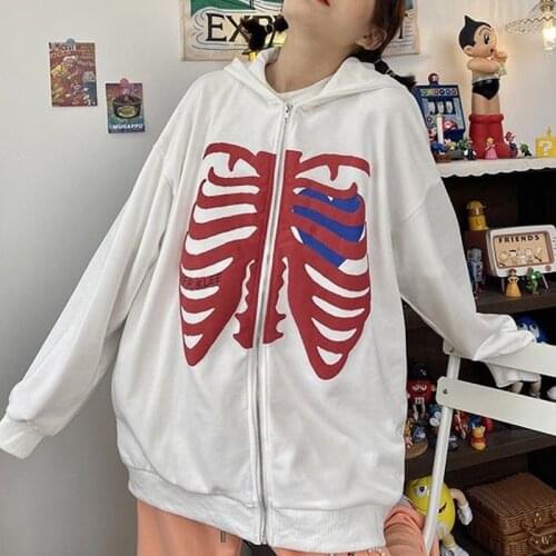 Womens Autumn White Loose Coats 2021 Y2k Grunge Skull Print Oversize Zipper Jacket Long Sleeve Harajuku Korean Style Outerwear