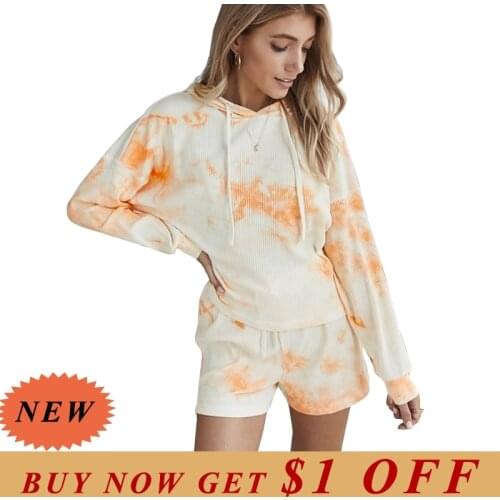 Women Knitted Tie Dye Print Homewear Set Stylish Hooded Tops With Drawstring Shorts Pajamas Fashion Pijamas Femme Sleepwear Sets