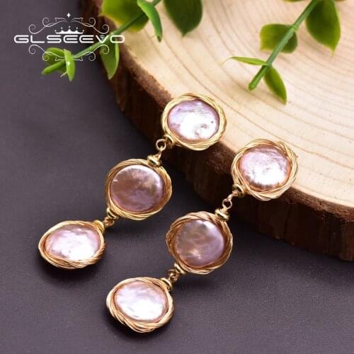 GLSEEVO Natural Freshwater Baroque Purple Pearl Drop Earrings Woman Wedding Luxury Exquisite Jewelry Girl Birthday Gift GE0934