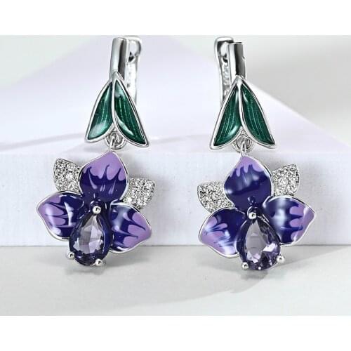 High Quality Big Flower Purple Enamle Drops Dangle Earrings for Women Exquisite Cubic Zirconia Wedding Party Earrings Jewelry