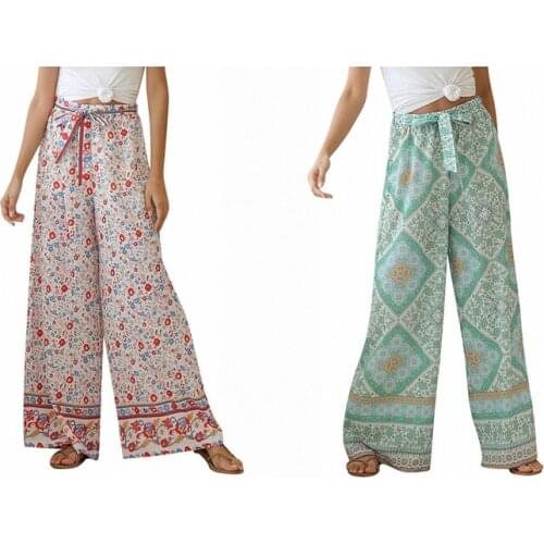 Hot Kf-2 Pcs Women Floral Print Wide Leg Bohemian Pants Ladies Sashes Loose Rayon Boho Long Pants XXL, Flower Color & Green