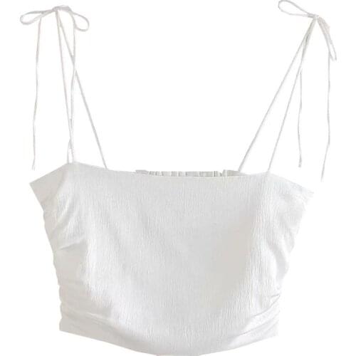 2021 summer Women Strap vest Black White Color Chic lacing Camis Tank Ladies Back Elastic band Pleated Short Sling Wrap Tops