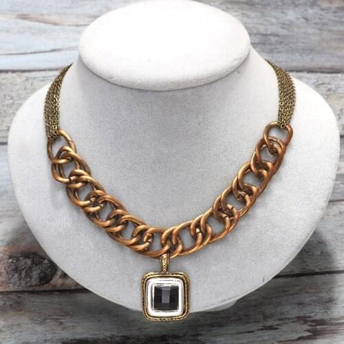 Hesiod Antique Retro Punk Style Gold Chain Necklace for Women Crystal Geometric Pendant Necklace Choker