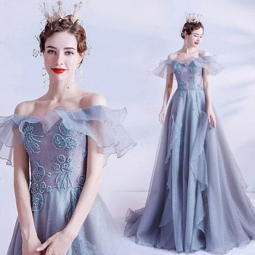 New sequined ruffle long prom evening dress lady girl women performance dance dress free shipping