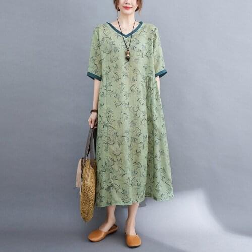 2021 New Arrival Short Sleeve Loose Summer Dress Print Floral Thin Soft Cotton Linen Vintage Dress Women Casual Midi Dress
