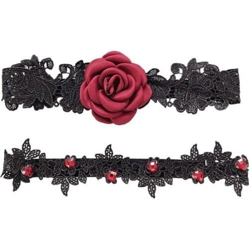 2Pcs/Set Women Bride Thigh Rings Cloth Rose Flower Lace Embroidery Rhinestone Enbellishment Wedding Dress Leg Garters Stretchy