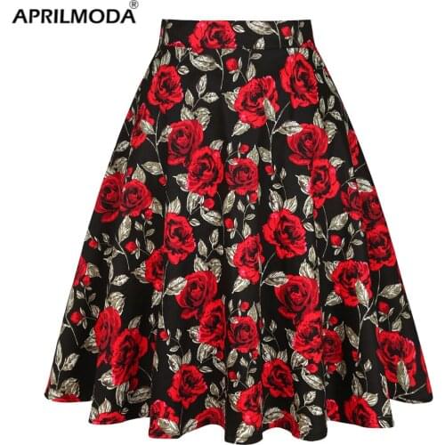 2021 Cotton Rose Tunic Midi Skirt Rockabilly Sexy Summer Floral Korean Casual School Plus Size High Waist 50s 60s Women Skirt