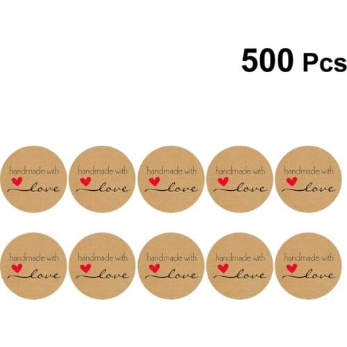 500 Sheets Handmade With Love Stickers Round Kraft Handmade Decor Labels for Candy Bag Adhesive Sticker Kraft Round Labels