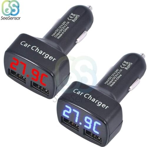 Dual USB Car Charger 5V 3.1A Universal 4 in 1 Voltage/Temperature/Current Meter Tester Adapter Digital LED Voltmeter Ammeter