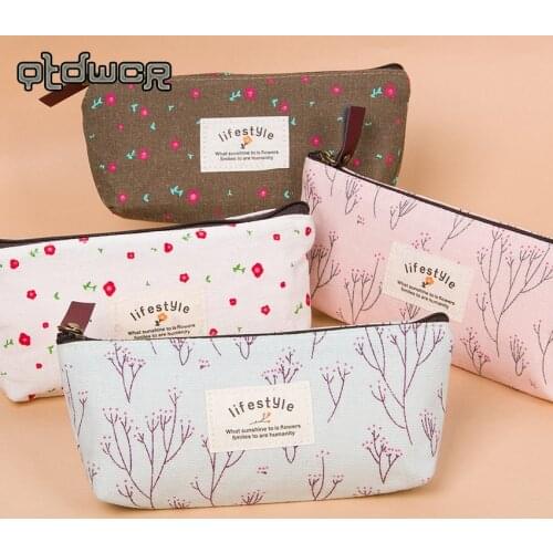 Cute Colorful Floral Flower Canvas Zipper Pencil Cases Lovely Fabric Flower Tree Pen Bags
