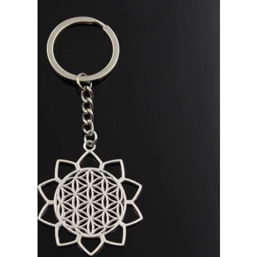 Fashion Keychain 48x44mm Yoga Flower Of Life Datura stramonium silver color pendants DIY Men Jewelry Car Key Ring Holder Gift