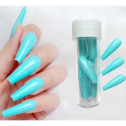 24Pcs Bright Blue Green Artificial Press On False Nails Super Long Ballerina Coffin Fingernails Full Cover Tips Manicure Tool