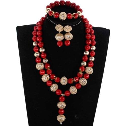 Nigerian Wedding African Red Coral Beads Jewelry Set Costume African Indian Beads Necklace Jewelry Set Free Shipping ANJ605