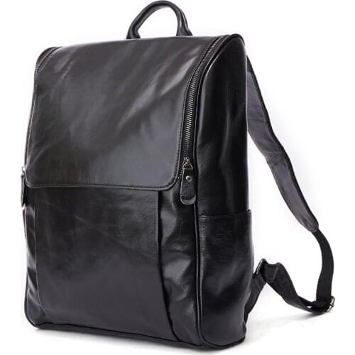 New Leather Mens Bag Korean Fashion Casual Mens School College Bag First Layer Cowhide Black 15-inch Computer Backpack