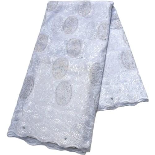 New arrival 5 Yards white High quality soft African wedding Fabric with stones Cotton Swiss Voile Lace-S010-2