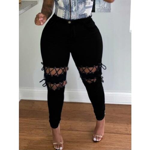 New Arrivals Women Lace-up Jeans Holes Hollow Out Fashion Plus Size Jeans Streetwear High Waist Skinny Denim Pencil Pants