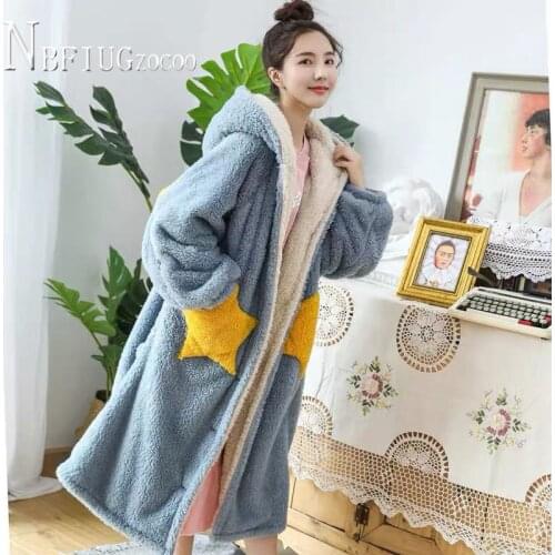 Sleepwear Autumn Winter Thick Flannel Kawaii Long Style House Living Female Robes Nightclothes