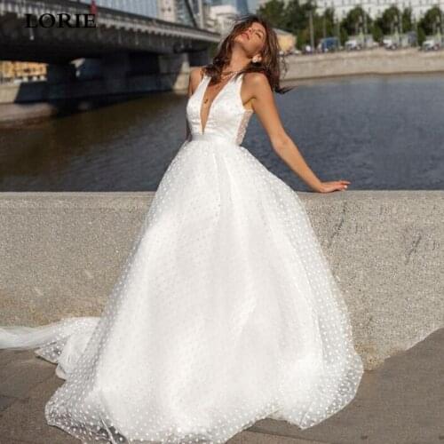 LORIE Ivory A-line Polka Dots Tulle Wedding Dresses V Neck Princess Bride DressesBackless Bow Boho Wedding Gowns Plus Size