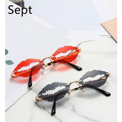Sept Unique Design Rimless Lips Sunglasses Women Retro Lens Fashion Men Oval Hollow Sun Glasses UV400