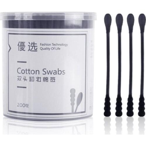 200pcs Disposable Cotton Swab Spiral Ear Cleaner Black Double Heads Medical Swab Lipstick Eyebrow Eyelash Cotton Bud Makeup Tool
