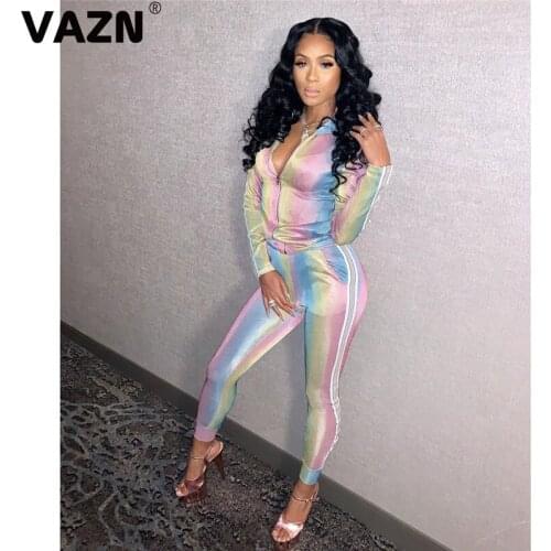 VAZN Chic product 2020 spring sexy lady colors long set full sleeve zipper fly coats long skinny pants set lady streetwear set