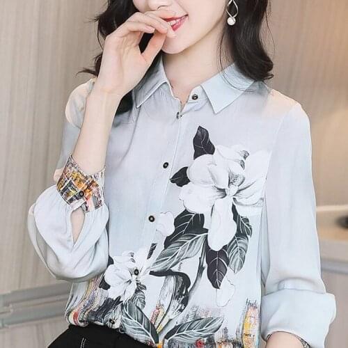 Spring Fall Vintage Womens Floral Printed Long Sleeve Imitation Silk Top Blouse , Autumn Female Woman Flower 3xl Blouses Shirts