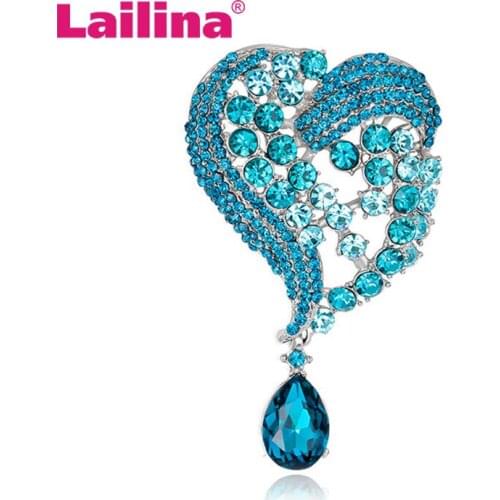 High Quality Large Size aquamarine Crystal Water Drop Brooch Pins for Women or Wedding in Silver Color Plated