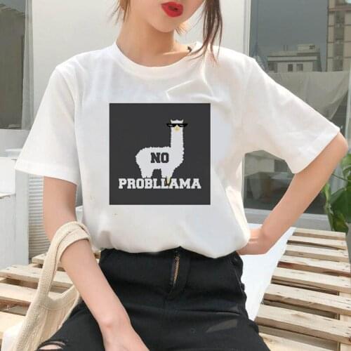 Ladies Summer Casual T-Shirt Alpaca Cartoon Printed T-Shirt Women Casual White Tops Casual T Shirt Oversized Whitet-Shirt