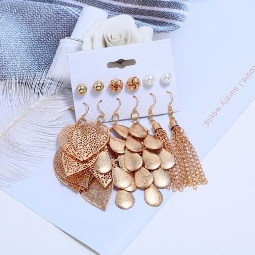 7 Pairs Long Tassel Earrings Set Women Jewelry Gold Color Multi-layer Leafs Earring Ladies Birthday Gift