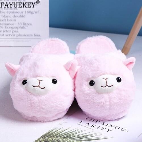2019 New Kawaii Pink Rainbow Alpaca Slippers Women Lovely animal Cartoon sheep Slipper Cotton Warm Indoor Shoes Girls Bedroom