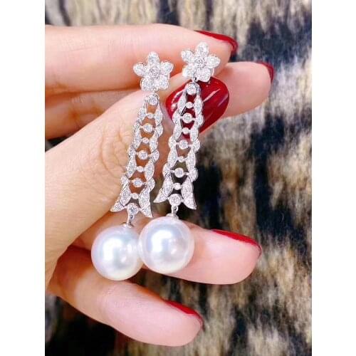 D401 Pearl Earrings Fine Jewelry 925 Sterling Silver Natural 9-10mm Fresh Water Round White Pearls Earrings for Women